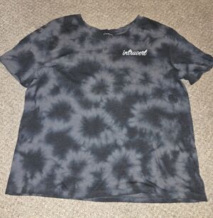 Gray & Black Tie-Dye T-Shirt with 'Introvert' Embroidered Shirt Size XXL